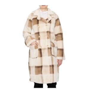 Melloday buffalo Plaid Faux Fur Coat Jacket Teddy Long Brown Tan Cream Large